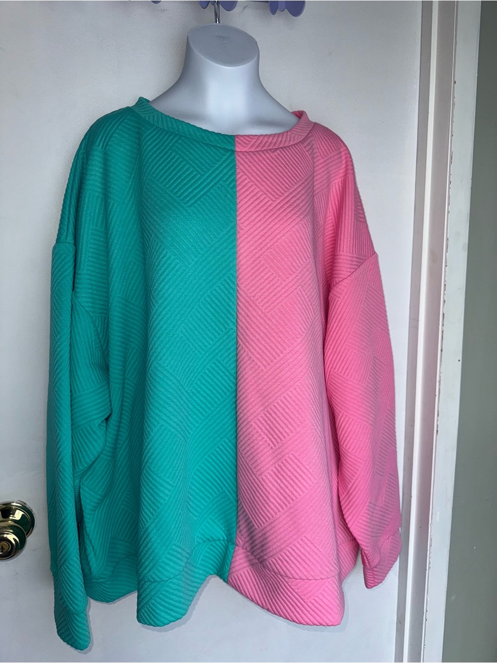 Colorblock Crewneck Sweater in Teal and Pink